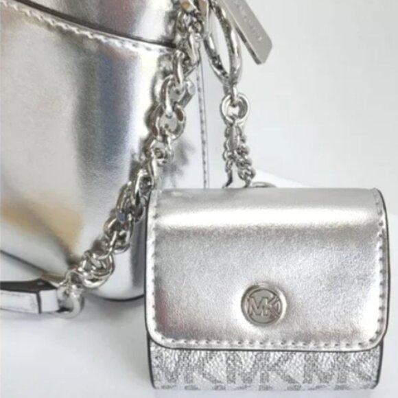 Michael Kors SILVER Bag, Earbuds Keyring, Lipstick Lanyard Necklace BUNDLE NWT! - Picture 6 of 15
